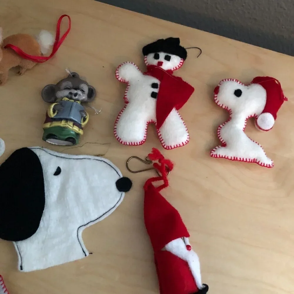 Vintage Christmas Ornament LOT of 9 SNOOPY Felt Flocked Wood Ceramic Unique